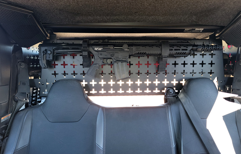 Polaris Xpedetion internal headache rack utilizing Hi-Standard Outfitters quick-fist mounting system to mount a tactical shot gun.
